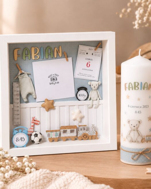 Zestaw na narodziny dziecka: personalizowana metryczka 3D i świeca z imieniem
